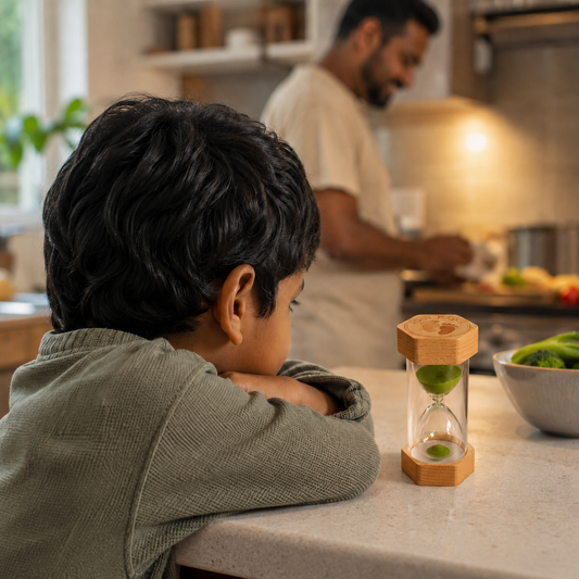 Child sitting at a kitchen counter with a sand timer, looking towards a person cooking. Little Sands Visual Timers Big Adventures 2 minute 5 minute 15 minute - kids routines kids transitions calm parenting tools tips hacks time management independence confidence screen-free silent montessori inspired