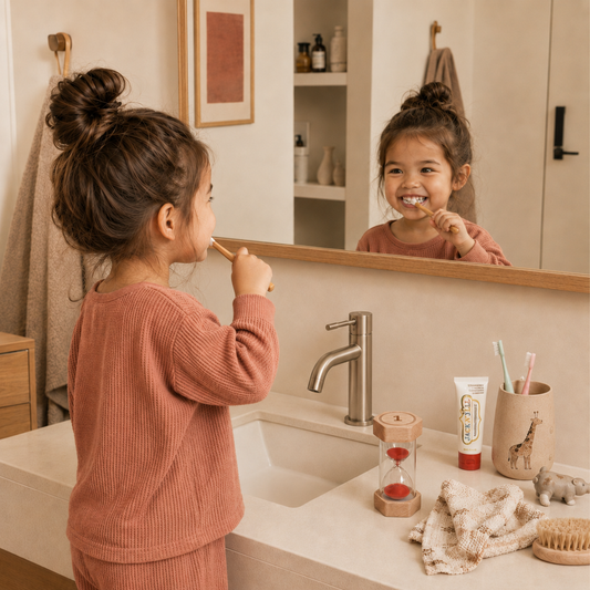 Little Sands Visual Timers Tiny Tales 1 minute 3 minute 10 minute - kids routines kids transitions calm parenting tools tips hacks time management independence confidence screen-free silent montessori inspired child brushing teeth in mirror