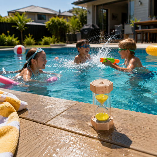 Children playing in a pool with a sand timer on the edge. Little Sands Visual Timers Tiny Tales 1 minute 3 minute 10 minute - kids routines kids transitions calm parenting tools tips hacks time management independence confidence screen-free silent montessori inspired