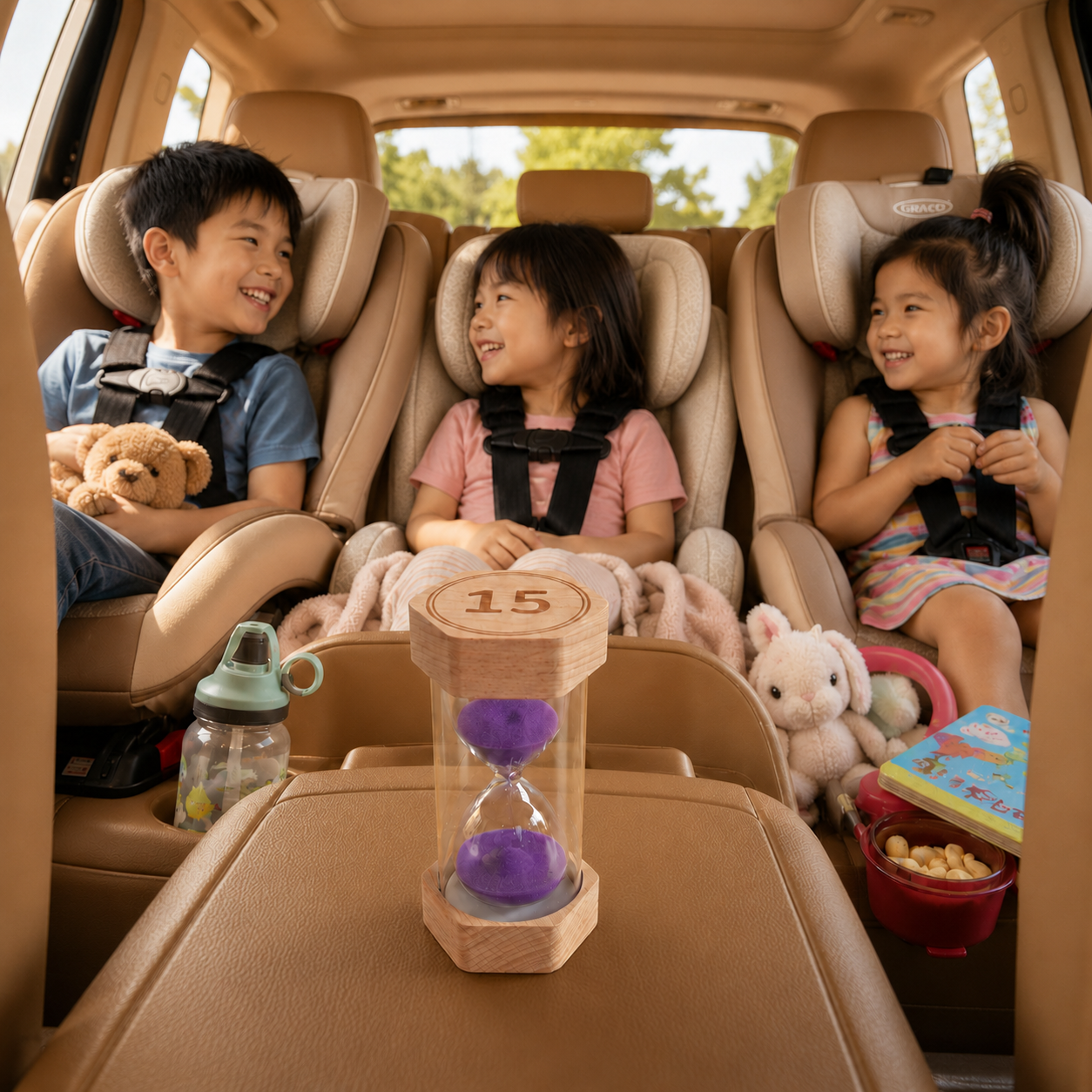 Three children in car seats with a sand timer in the middle - "are we there yet". Little Sands Visual Timers Big Adventures 2 minute 5 minute 15 minute - kids routines kids transitions calm parenting tools tips hacks time management independence confidence screen-free silent montessori inspired