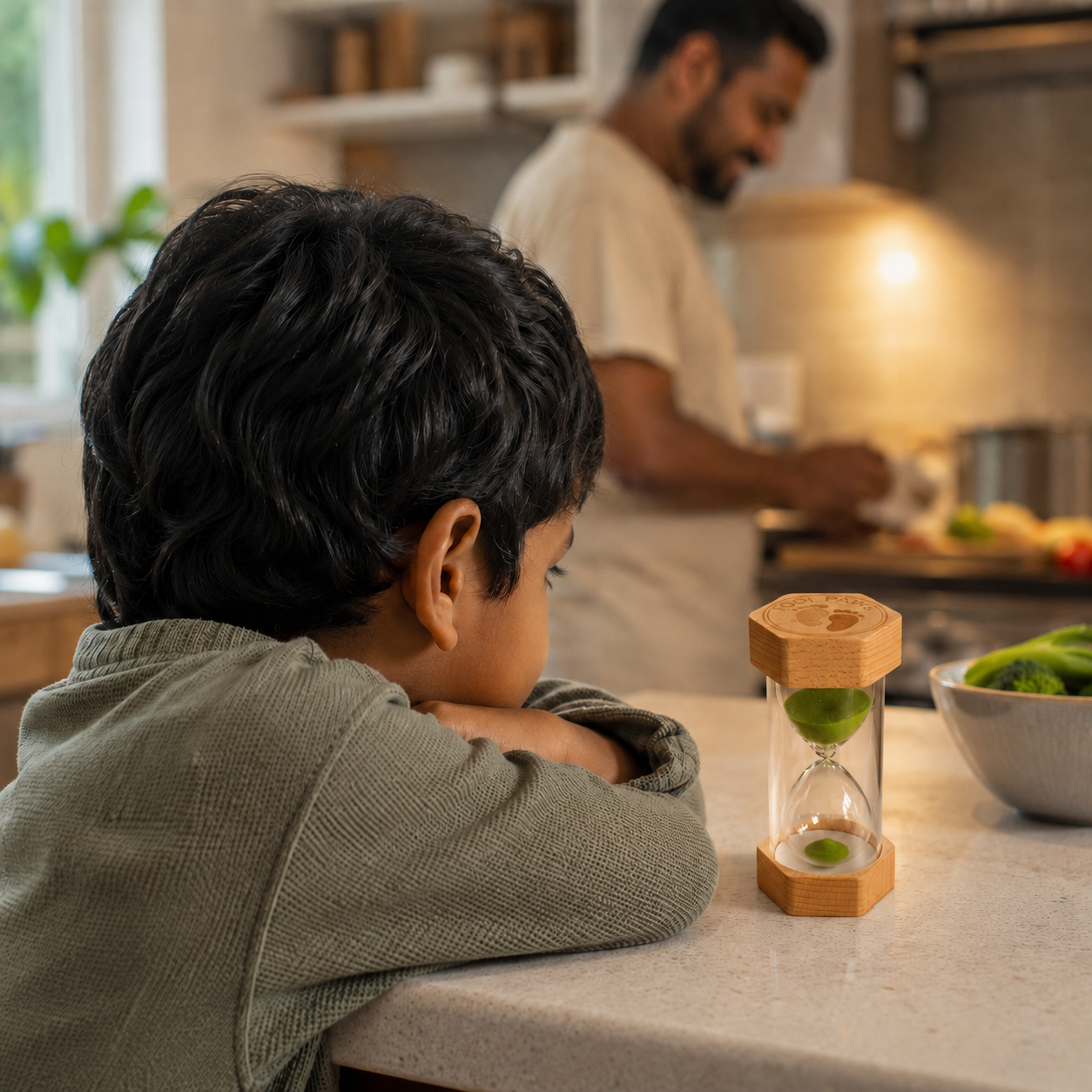 Child sitting at a kitchen counter with a sand timer, looking towards a person cooking. Little Sands Visual Timers Big Adventures 2 minute 5 minute 15 minute - kids routines kids transitions calm parenting tools tips hacks time management independence confidence screen-free silent montessori inspired