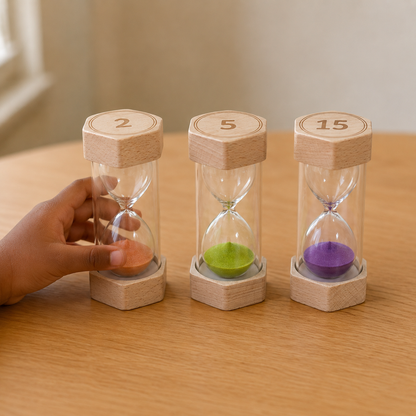 Little Sands Visual Timers Big Adventures 2 minute 5 minute 15 minute - kids routines kids transitions calm parenting tools tips hacks time management independence confidence screen-free silent montessori inspired