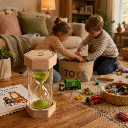 Children playing with toys in a living room, hourglass on a table. Little Sands Visual Timers Rainbow 1 2 3 5 10 15 minute visual timers - kids routines kids transitions calm parenting tools tips hacks time management independence confidence screen-free silent montessori inspired