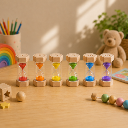 Set of wooden hourglasses with colorful sand timers on a wooden surface with toys in the background. Little Sands Visual Timers Rainbow 1 2 3 5 10 15 minute visual timers - kids routines kids transitions calm parenting tools tips hacks time management independence confidence screen-free silent montessori inspired