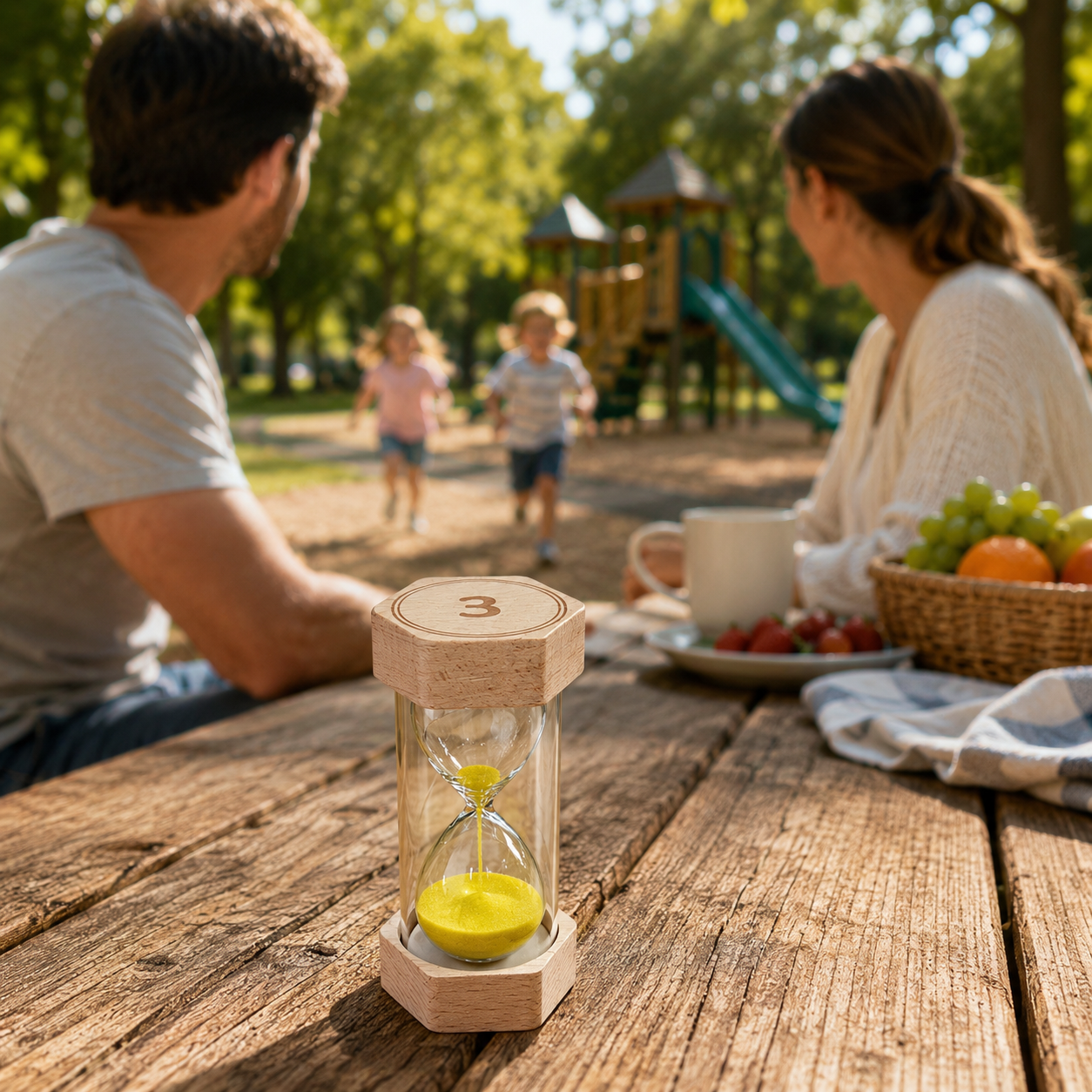 Family at a park with a sand timer on a wooden table Little Sands Visual Timers Tiny Tales 1 minute 3 minute 10 minute - kids routines kids transitions calm parenting tools tips hacks time management independence confidence screen-free silent montessori inspired