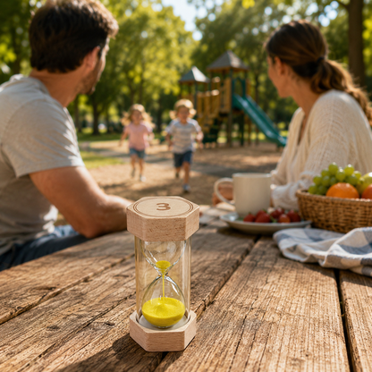 Family at a park with a sand timer on a wooden table Little Sands Visual Timers Tiny Tales 1 minute 3 minute 10 minute - kids routines kids transitions calm parenting tools tips hacks time management independence confidence screen-free silent montessori inspired